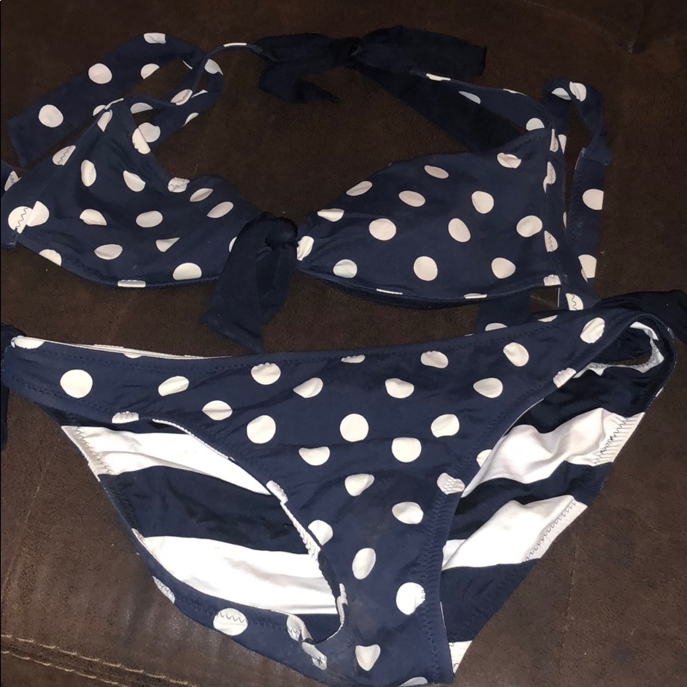 Navy and white polka dot two piece swimsuit